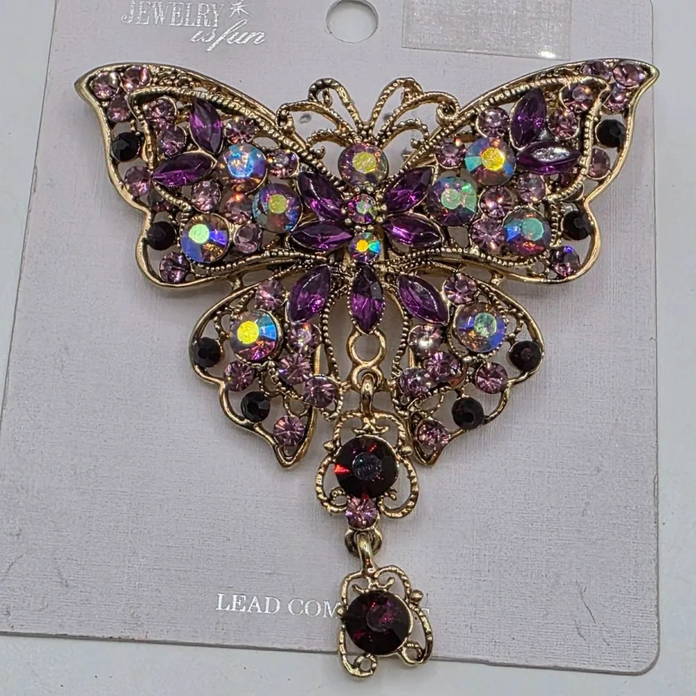 Jewelry is Fun Butterfly Brooch Rhinestone Enamel Gold Tone Purple‎ New Glam